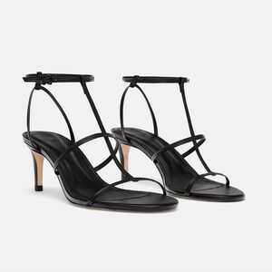 ZARA LEATHER STRAPPY HIGH-HEEL SANDALS Size 6.5 | Black T-Bar Heels